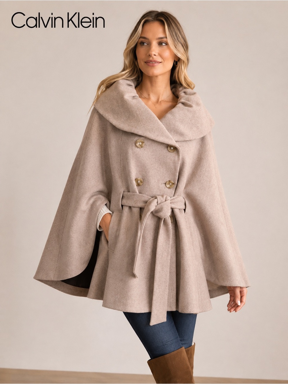 Calvin Klein Beige Belted Cape Coat S/M Double Breasted Oversized Collar